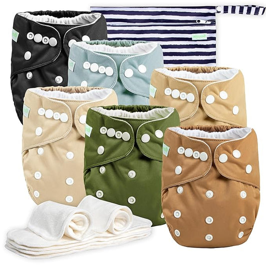 wegreeco Cloth Diapers 6 Pack with 6 Inserts & 1 Wet Bag, Washable Cloth Diapers for Babies, One Size Adjustable Reusable (Warm Colour)