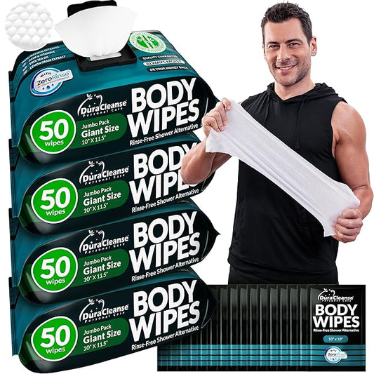 After Gym Body Wipes for Men (4pk) - 200 XL No Rinse Shower Wipes + 16 Travel Bath Sheets - 9"x12" - Mens Deodorant Disposable Washcloths for Bathing, Camping Essentials, Survival Gear and Supplies