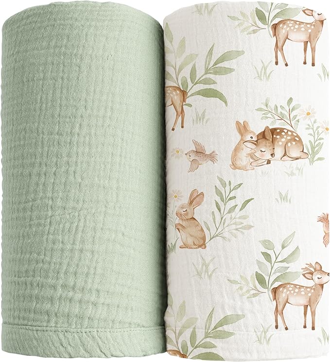 Konssy 2 Pack Muslin Swaddle Blankets, 100% Cotton Receiving Blanket Large 47 x 47 inches for Baby Boys Girls, Soft Breathable Muslin Baby Blanket for Newborn (Woodland,Sage)