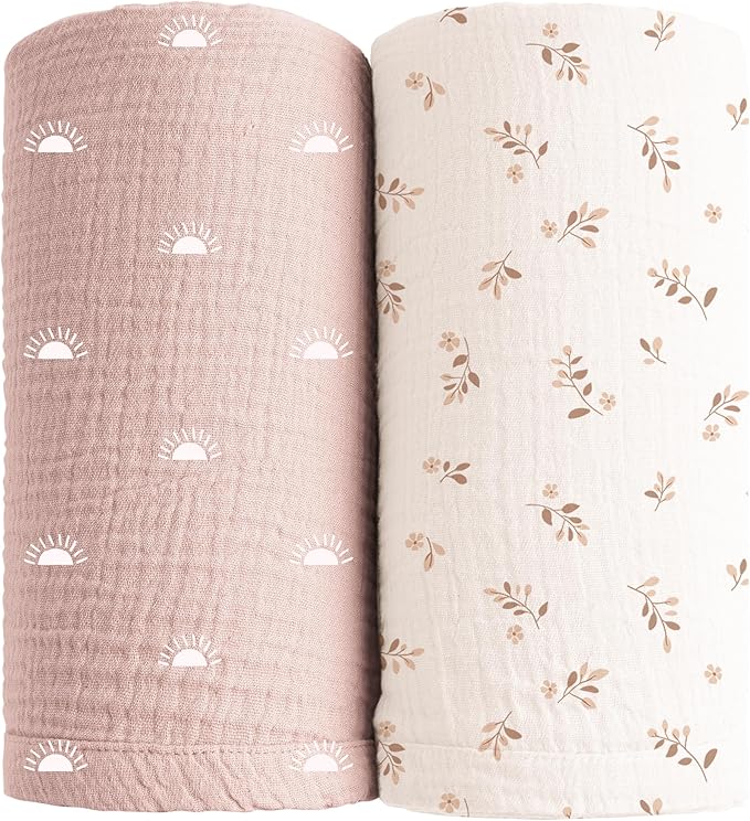 Konssy Muslin Swaddle Blankets for Girls Boys, 2 Pack Receiving Baby Blanket Large 47 x 47 inches, Soft Breathable Swaddling Wrap for Unisex Newborn (Pink Sun,Khaki Leaf)