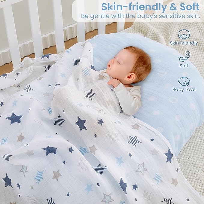 Softan Muslin Swaddle Blankets for Baby Girl & Boy, 47X47In Receiving Blankets for Newborn, Swaddle Blanket Set Soft Silky & Breathable,Blue Rainbow and Five-Pointed Star, 4 Pack