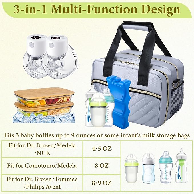 Breastmilk Cooler Bag with Ice Pack, Wearable Breast Pump Storage Bag, Insulated Bottle Travel Bag Compatible with Momcozy/Elvie/Willow, Fits Baby Bottles up to 9 Ounce with Shoulder Strap Gery Mini