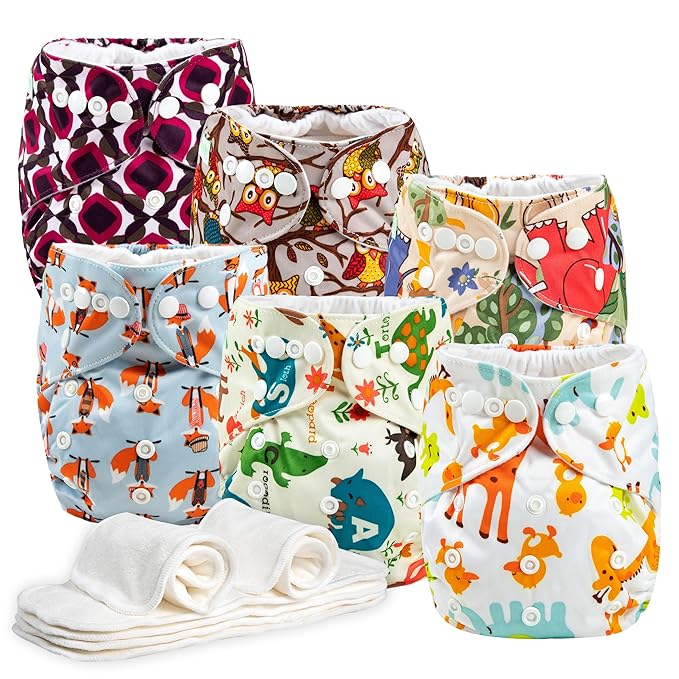 Wegreeco Cloth Diapers 6 Pack with Inserts, Washable Reusable Diapers for Babies, One Size Adjustable (Forests)