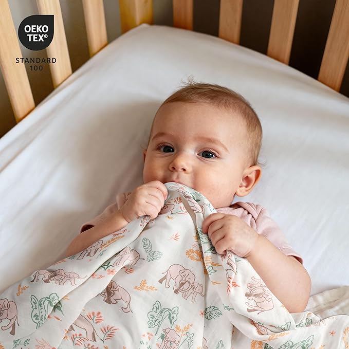 GLLQUEN BABY Muslin Swaddle Blankets 4-Pack Breathable Receiving Blankets (35" x 40") Soft Baby Blankets for Girls and Boys Newborn Essentials Muslin Burp Cloths Swaddle Wrap Baby Gift(Pink Elephant)