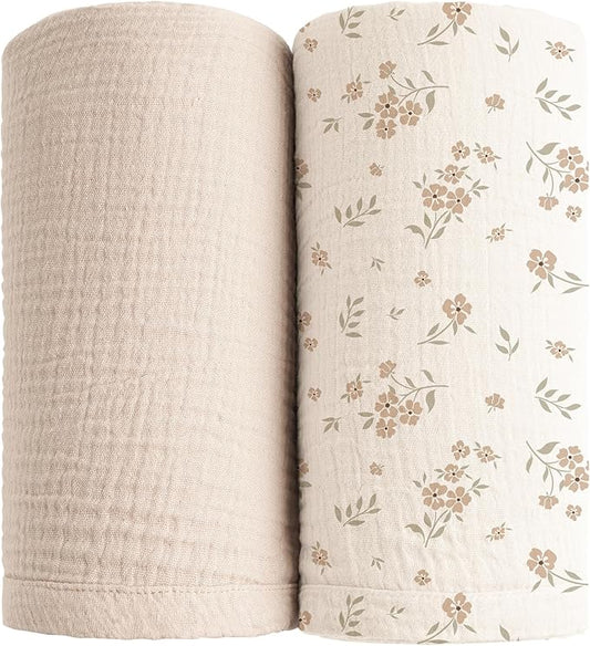 Konssy Muslin Swaddle Blankets for Boys Girls, 2 Pack Receiving Baby Blanket Large 47 x 47 inches, Soft Breathable Swaddling Wrap for Unisex Newborn (Blossom,Cream)