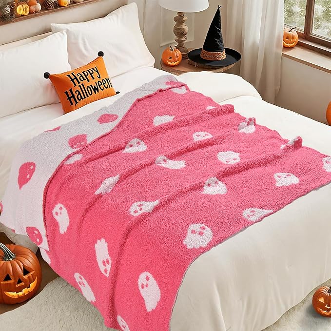 Halloween Decor Pink Ghost Soft Cozy Kid Blanket for Bed Couch Sofa 50x60 Inch Pink Ghost