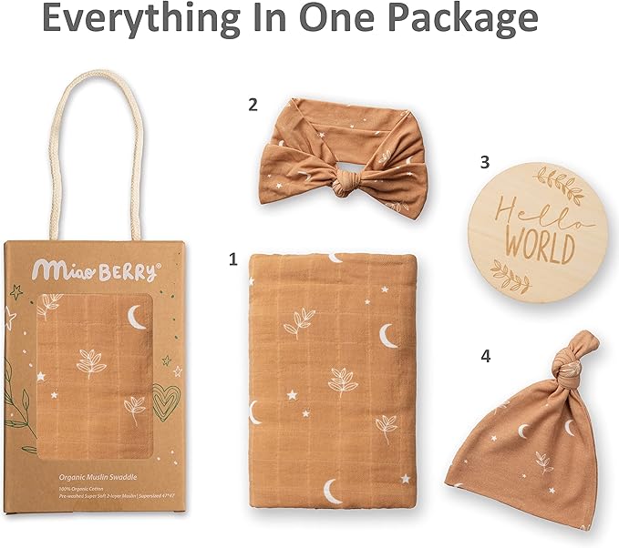 Miaoberry 100% Organic Cotton Baby Muslin Swaddle Blanket Set| Burnt Orange Boho Moon| Gender Neutral for Boys Girls|Moon Leaf| Hospital Newborn Receiving Blanket |Newborn Unisex