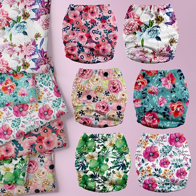 Mama Koala 3.0 Pocket Cloth Diapers for Babies with AWJ Lining, 6 Pack with 6 5-Layer Natural Cloth Diaper Inserts - Reusable and Washable Pocket Diapers(A-Bloomin' Lovely)