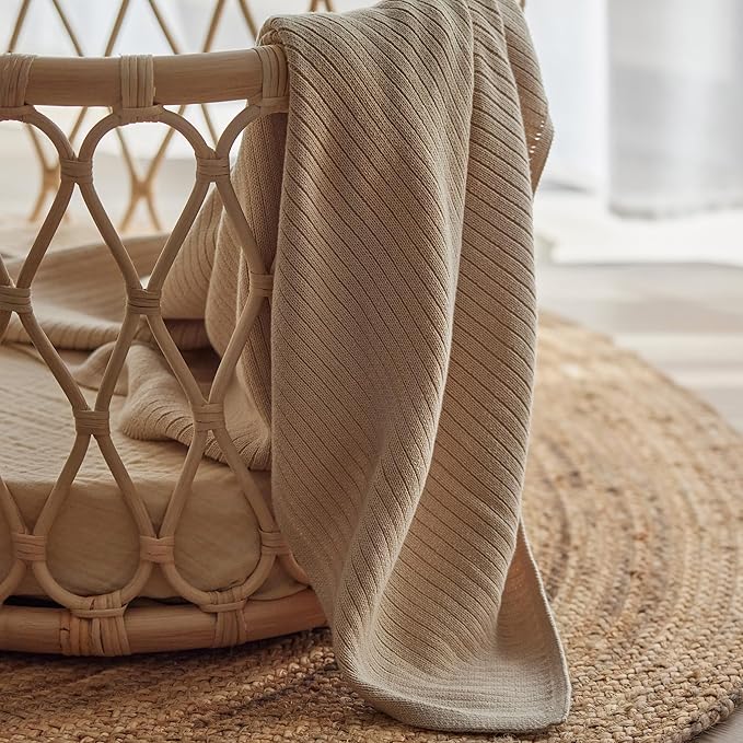Knitted Organic Cotton Baby Blanket- Swaddle Blanket, 30" x 40" Soft Receiving Blanket for Newborn (Ribbed - Fog)