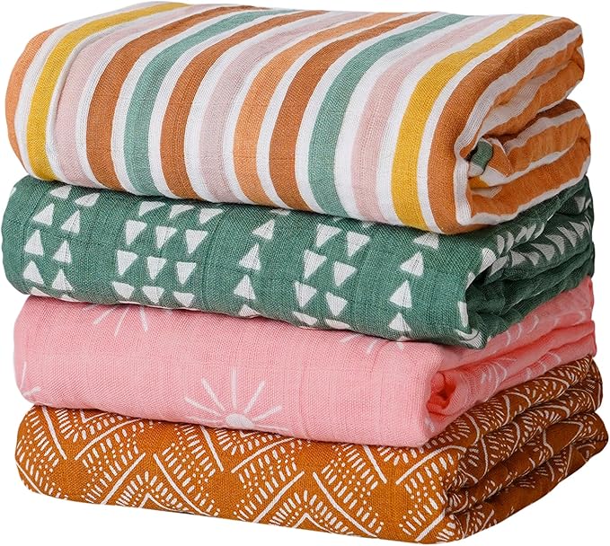4 Set Muslin Swaddle Blankets for Newborn Baby Boys, Girls,Receiving Blankets-Cute Soft Print Baby Towel Wrap 120x110cm Baby(Leaf)