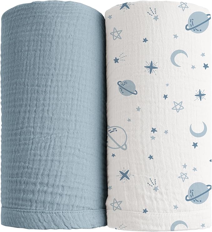 Konssy Muslin Swaddle Blankets for Boys Girls, 2 Pack Receiving Baby Blanket Large 47 x 47 inches, Soft Breathable Swaddling Wrap for Unisex Newborn (Star,Blue)