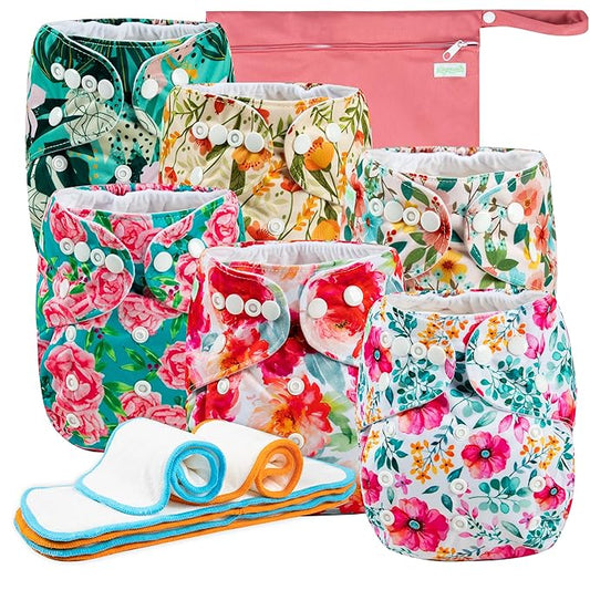 Wegreeco Cloth Diapers 6 Pack with Inserts & Wet Bag, Washable Reusable Diapers for Babies, One Size Adjustable (Chinese Rose)