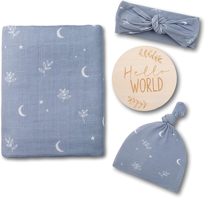 Miaoberry 100% Organic Muslin Swaddle Set w Matching Hat/Bow| Moon Leaves in Haze Blue| Hospital Home-Coming Baby Announcement Blanket Gender Neutral for Boy n Girl