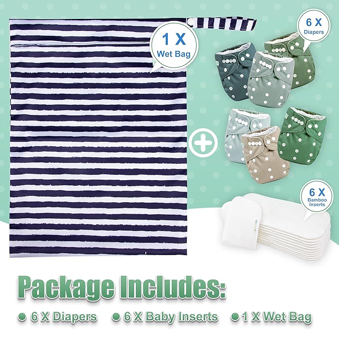 wegreeco Cloth Diapers 6 Pack with 6 Inserts & 1 Wet Bag, Washable Cloth Diapers for Babies, One Size Adjustable Reusable (Green)