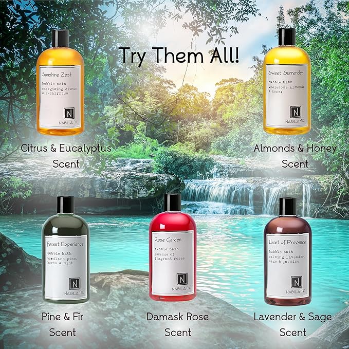 Assorted Bubble Bath Collection (Set of 5) by Nabila K - Forest Experience, Sunshine Zest, Rose Garden, Sweet Surrender, Heart of Provence - Essential Oils with Natural Ingredients - 16 oz