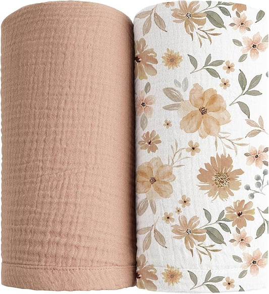 Konssy Muslin Swaddle Blankets for Boys Girls, 2 Pack Receiving Baby Blanket Large 47 x 47 inches, Soft Breathable Swaddling Wrap for Unisex Newborn (Flourish, Toffee)