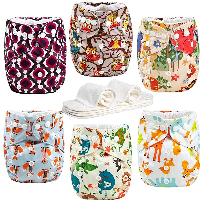 Wegreeco Cloth Diapers 6 Pack with Inserts, Washable Reusable Diapers for Babies, One Size Adjustable (Forests)