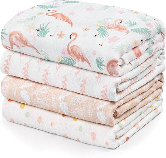 GLLQUEN BABY Muslin Swaddle Blankets 4-Pack Breathable Receiving Blankets (35" x 40") Soft Baby Blankets for Girls and Boys Newborn Essentials Muslin Burp Cloths Swaddle Wrap Baby Gift(Flamingo)