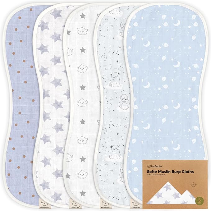 5-Pack Muslin Burp Cloths Baby Boy, Girl - Very Absorbent Baby Burp Cloth Rags, 8-Layers Viscose Derived from Bamboo Cotton Muslin Towel, Super Soft Spit Up Rags, No Shrink Washcloths (Constellation)