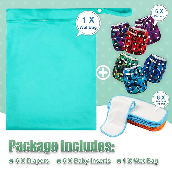 Wegreeco Cloth Diapers 6 Pack with Inserts & Wet Bag, Washable Reusable Diapers for Babies, One Size Adjustable (Abstract Geometrical)