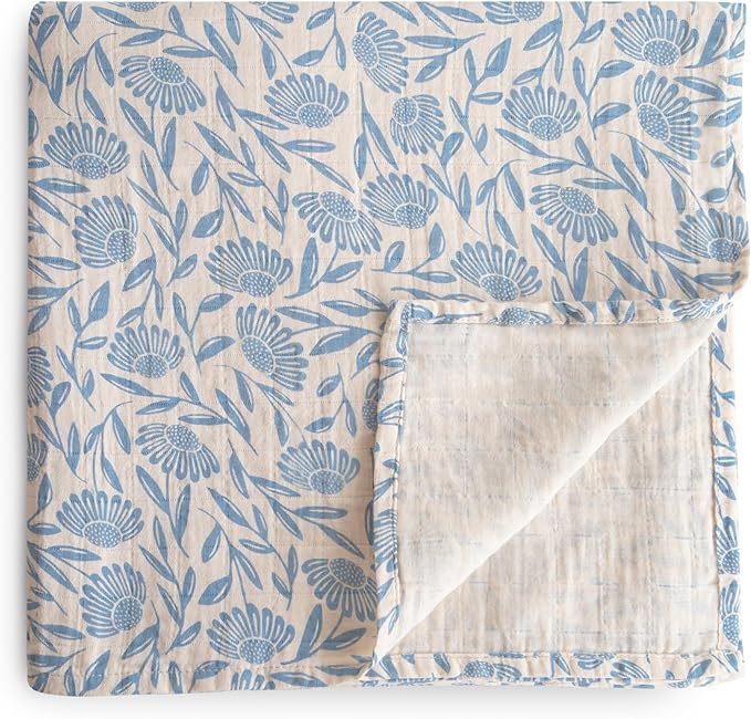 mushie Muslin Baby Swaddle Blanket | 100% Organic Cotton (Blue Flowers)