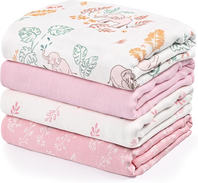 GLLQUEN BABY Muslin Swaddle Blankets 4-Pack Breathable Receiving Blankets (35" x 40") Soft Baby Blankets for Girls and Boys Newborn Essentials Muslin Burp Cloths Swaddle Wrap Baby Gift(Pink Elephant)