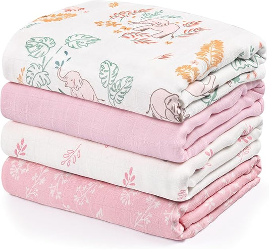 GLLQUEN BABY Muslin Swaddle Blankets 4-Pack Breathable Receiving Blankets (35" x 40") Soft Baby Blankets for Girls and Boys Newborn Essentials Muslin Burp Cloths Swaddle Wrap Baby Gift(Pink Elephant)