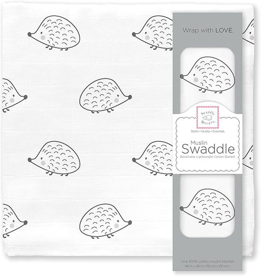 SwaddleDesigns Cotton Muslin Swaddle Blanket, Receiving Blanket for Boys & Girls, Best Shower Gift, 46x46 inches, Black Hedgehog
