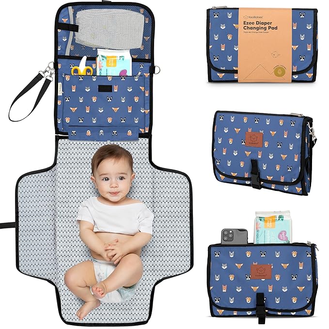 KeaBabies Portable Diaper Changing Pad - Large Waterproof Baby Changing Mat, Compact Travel Diaper Clutch, Functional Pockets Fit Newborn Essentials, Wipeable & Padded Baby Changer (Pets & Paws)
