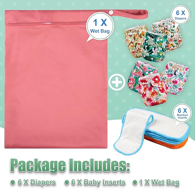 Wegreeco Cloth Diapers 6 Pack with Inserts & Wet Bag, Washable Reusable Diapers for Babies, One Size Adjustable (Chinese Rose)