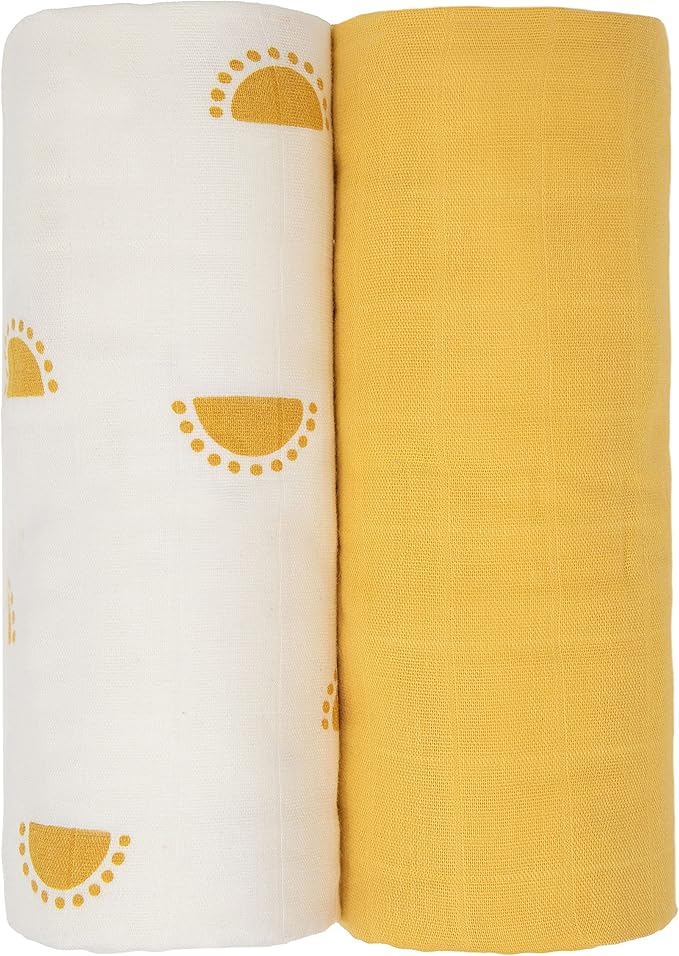 Sticky Toffee Muslin Swaddle Baby Blanket, Yellow Suns, 47 x 47 in, Soft Breathable Oeko-Tex Cotton Newborn Wrap and Receiving Blanket