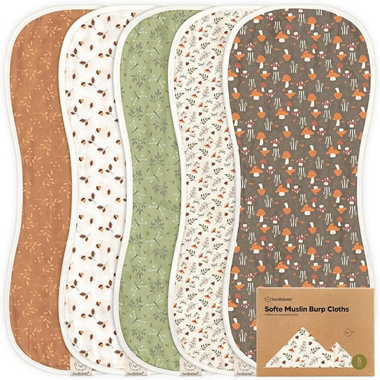5-Pack Muslin Burp Cloths Baby Boy, Girl - Very Absorbent Baby Burp Cloth Rags, 8-Layers Viscose Derived from Bamboo Cotton Muslin Towel, Super Soft Spit Up Rags, No Shrink Washcloths (Fall Spores)