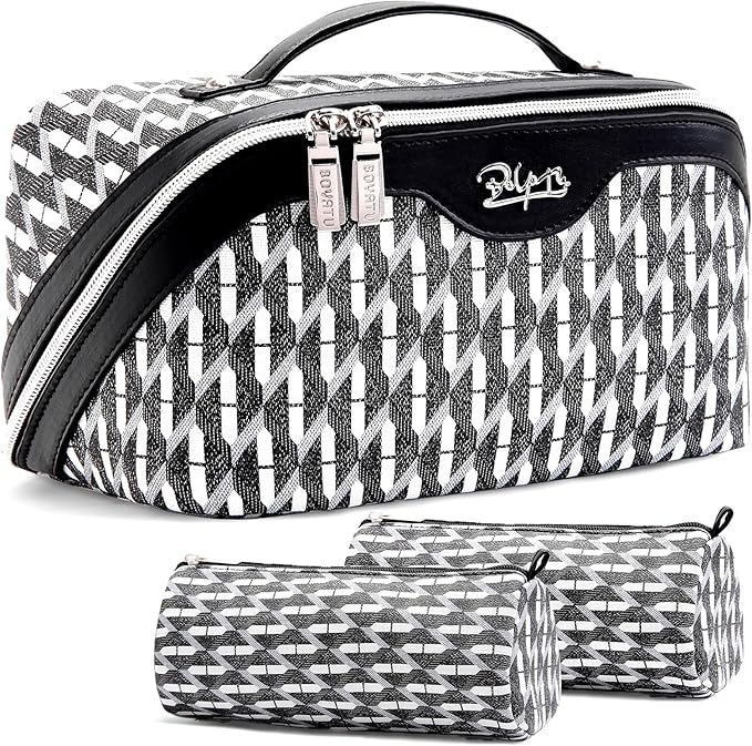 BOYATU Travel Makeup Bags for Women: Large Capacity Cosmetic Bag Set of 3 - Vegan Leather Make up Bags with Compartments - Wide Open Waterproof Toiletry Organizer Bag with Handle (B-04-Black)