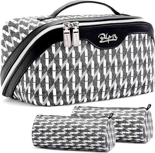 BOYATU Travel Makeup Bags for Women: Large Capacity Cosmetic Bag Set of 3 - Vegan Leather Make up Bags with Compartments - Wide Open Waterproof Toiletry Organizer Bag with Handle (B-04-Black)