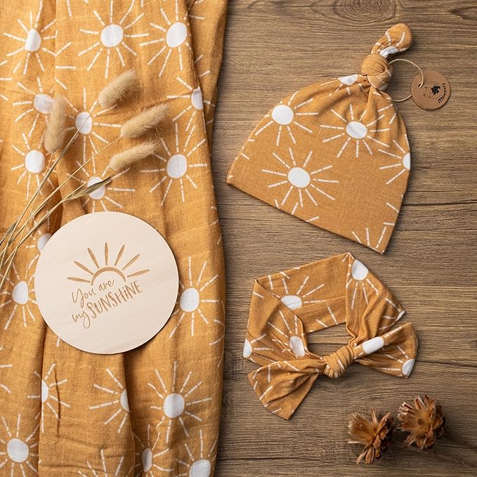 Miaoberry 100% Organic Sunshine Baby Muslin Swaddle Blankets for Boy or Girl with Hat and Wooden Hello World Newborn Sign, Gender Neutral Newborn Photography Outfits, Unisex Birth Announcement Sign