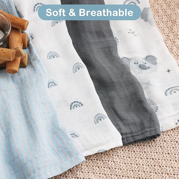 Viviland Muslin Swaddle Blankets, Swaddle Wrap for Boys and Girls, Breathable and Skin-Friendly Baby Receiving Blankets, Baby Essentials, 4-Pack Blue Elephant, 47 x 47 inches