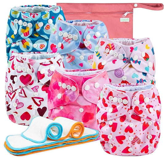 Wegreeco Cloth Diapers 6 Pack with Inserts & Wet Bag, Washable Reusable Diapers for Babies, One Size Adjustable (Colorful Summer)