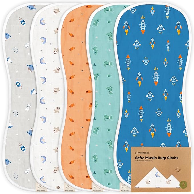 5-Pack Muslin Burp Cloths Baby Boy, Girl - Very Absorbent Baby Burp Cloth Rags, 8-Layers Viscose Derived from Bamboo Cotton Muslin Towel, Super Soft Spit Up Rags, No Shrink Washcloths (Cosmo)