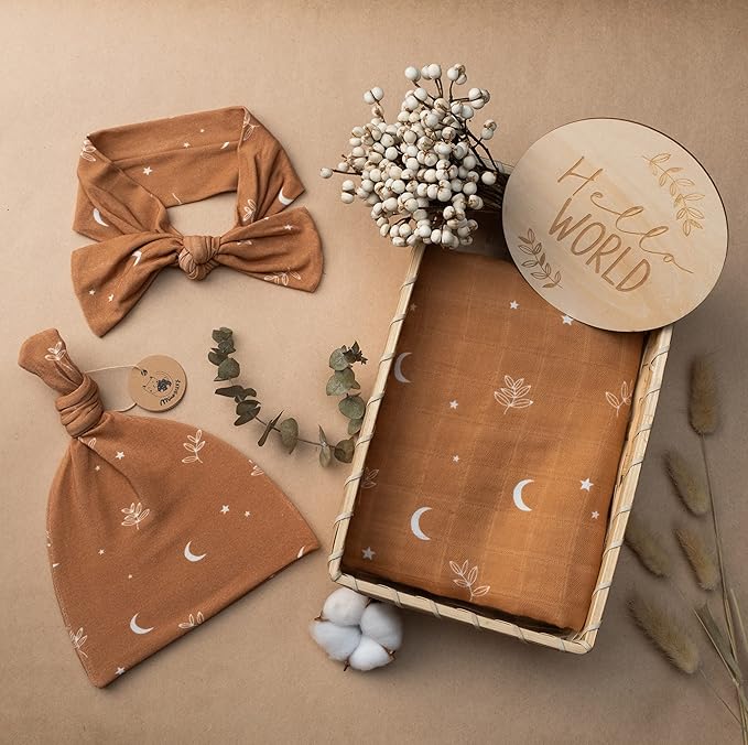 Miaoberry 100% Organic Cotton Baby Muslin Swaddle Blanket Set| Burnt Orange Boho Moon| Gender Neutral for Boys Girls|Moon Leaf| Hospital Newborn Receiving Blanket |Newborn Unisex
