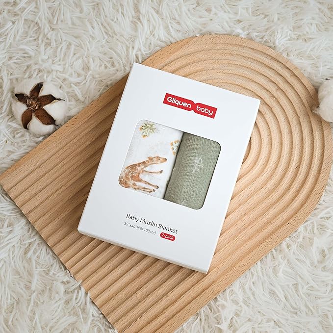 GLLQUEN BABY Muslin Swaddle Blankets Breathable Receiving Blankets (35" x 40") 2-Pack Soft Baby Blankets for Girls and Boys Newborn Essentials Muslin Burp Cloths Swaddle Wrap Baby Gift(Deerling)