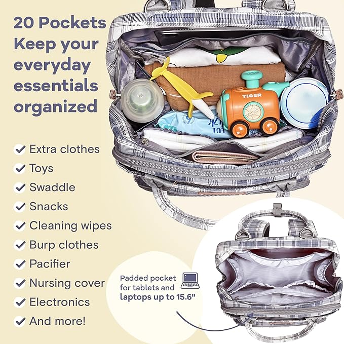 RUVALINO Diaper Bag Backpack, Multifunction Travel Pack Maternity Baby Changing Bags, Large Capacity, Waterproof, Blue Plaid