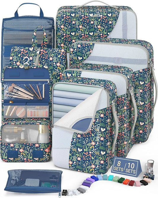 8 Set Packing Cubes for Travel,Gifts for Women Mom,Anti-Tearing Suitcase Organizer for Luggage with Shoe & Hanging Toiletry Bag,Vacation Essentials & Accessories for Cruise Ship,Dark Blue Floral