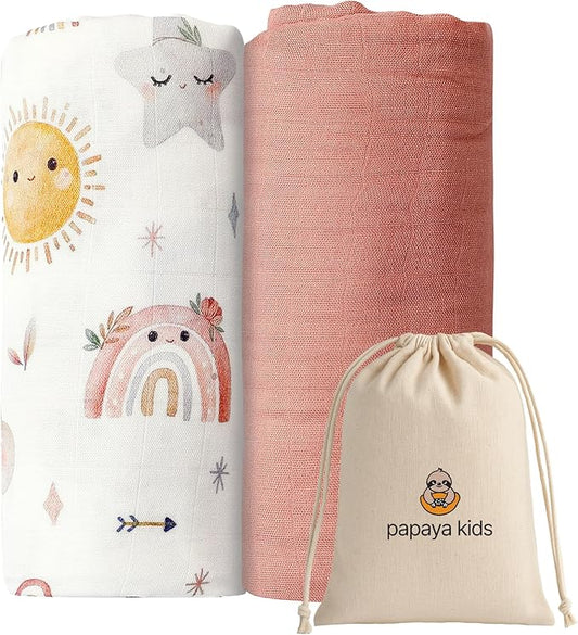 Muslin Swaddle Blankets for Newborns, Bamboo Viscose and Cotton Baby Blanket, Pink and Clouds 2-Pack, Breathable Receiving Blankets for Girls, 47x43