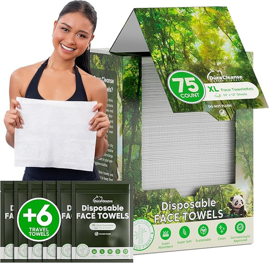 XL Disposable Face Towels - 75 Ct. + 6 Travel Face Wipes - 10"x12" Dry, Super Soft & Absorbent Facial Cleansing Wash Cloths & Clean Towelettes - 100% Biodegradable Bamboo Washcloths & Makeup Remover
