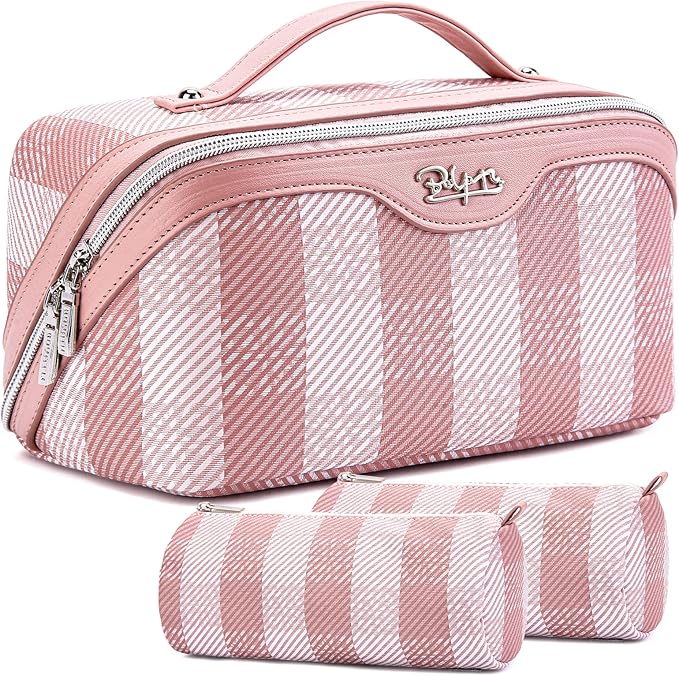 BOYATU Travel Makeup Bag Organizer Cosmetic Bag: 3 Pcs Set Make up Bags for Women with Handle - Waterproof Vegan Leather Toiletry Bags Travel Essentials Pouch with Compartments (F-03-Pink)