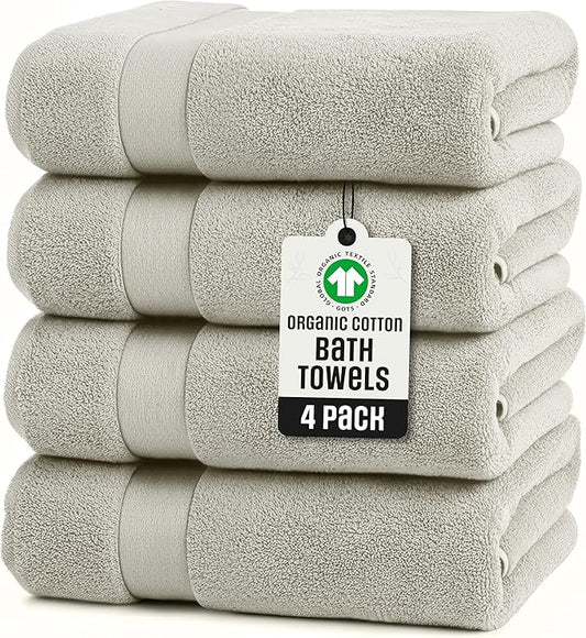 TOWELTIQUE- Organic Cotton Luxury Bath Towels Pack of 4 GOTS & Oeko- TEX Certified | Premium Soft, Absorbent & Quick-Drying Towels for Bathroom, Gym, Spa & Hotel Use – Taupe