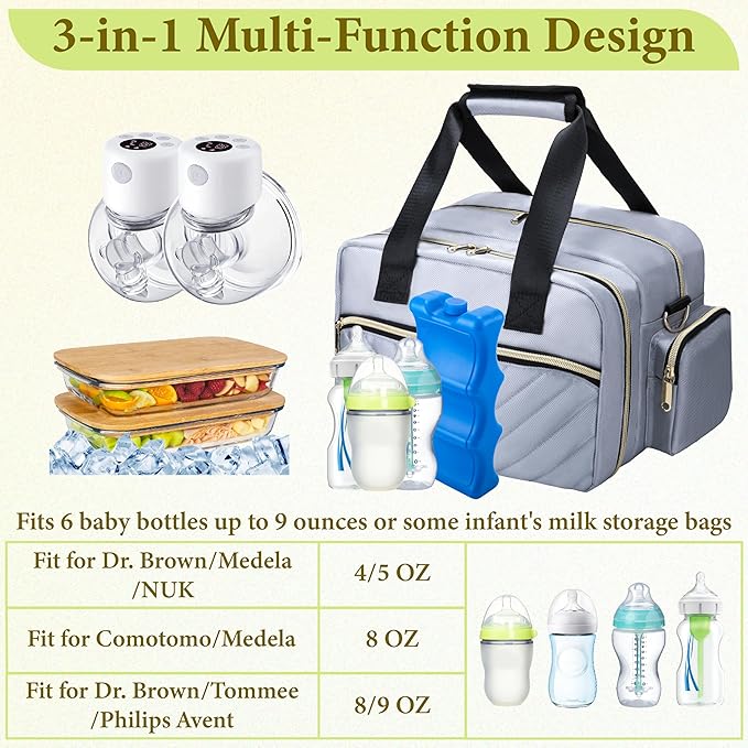 Breastmilk Cooler Bag Fits 6 Baby Bottles up to 9 Ounce with Ice Pack, Wearable Breast Pump Bag Plus , Insulated Bottle Travel Bag Compatible with Momcozy/Elvie/Willow, with Shoulder Strap Grey