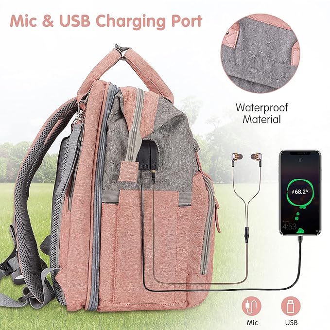 DERJUNSTAR Diaper Bag Backpack – Large Capacity Baby Diaper Bag with Changing Pad, Waterproof Travel Backpack for Boys & Girls, Multi-Function Baby Bag with USB Charging Port, Rose Pink