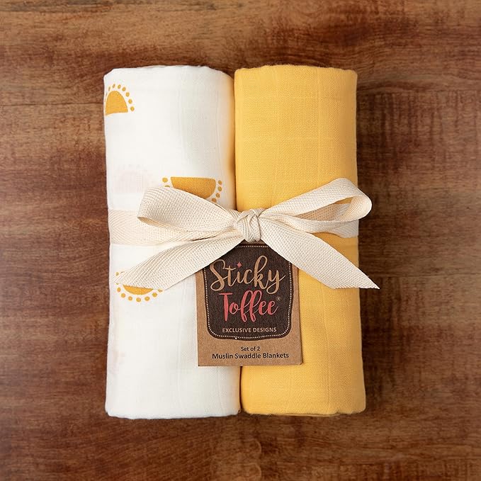 Sticky Toffee Muslin Swaddle Baby Blanket, Yellow Suns, 47 x 47 in, Soft Breathable Oeko-Tex Cotton Newborn Wrap and Receiving Blanket