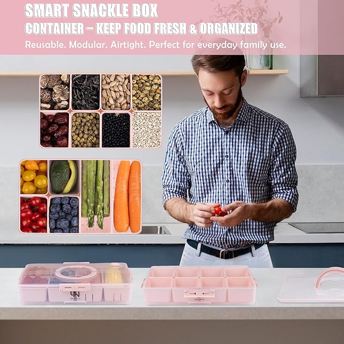 Stackable Snackle Box Container with 2 Lids, 14 Compartments - BPA-Free Snackle box Organizer, Dishwasher & Microwave Safe Reusable Snacklebox for Veggies, Fruits, Charcuterie, Snacks (Pink, 2 Pack)